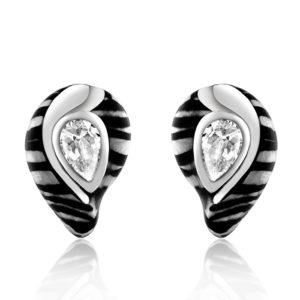 Sterling Silver White Tiger Enamel Cz Earrings