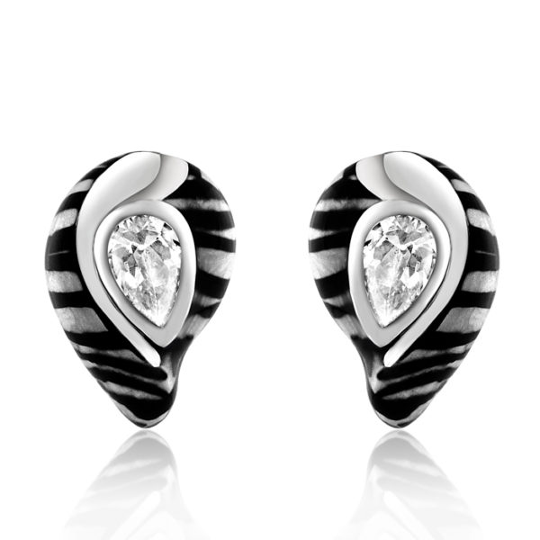 Sterling Silver White Tiger Enamel Cz Earrings