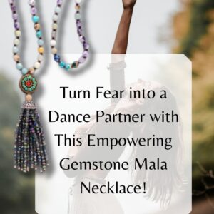 Handmade Dancing Queen Mala – A 33.5-inch Amazonite and crystal mala necklace with a tassel, symbolizing empowerment, balance, and self-expression.