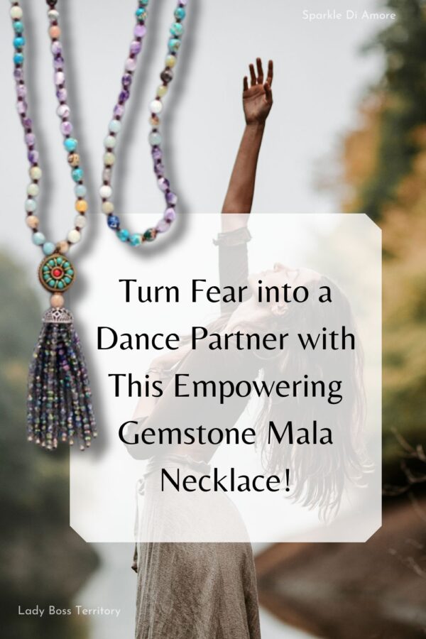 Handmade Dancing Queen Mala – A 33.5-inch Amazonite and crystal mala necklace with a tassel, symbolizing empowerment, balance, and self-expression.