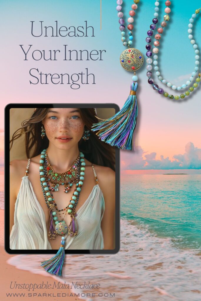 Handmade Unstoppable Mala Necklace featuring 108 semiprecious stone beads, a colorful tassel, and a Himalayan charm—designed for strength, balance, and empowerment.