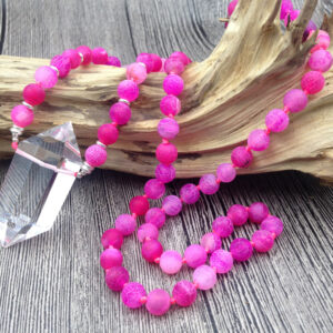 Radiant Pink Dragon Vein Agate Mala Necklace with Large Clear Quartz Point | Energy Amplifying Healing Crystal Jewelry