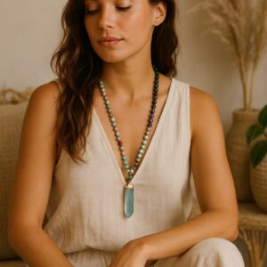 Model wearing handmade gemstone necklace with titanium quartz pendant and lapis lazuli stones, featuring natural semiprecious beads in aqua, blue, and earthy tones.
