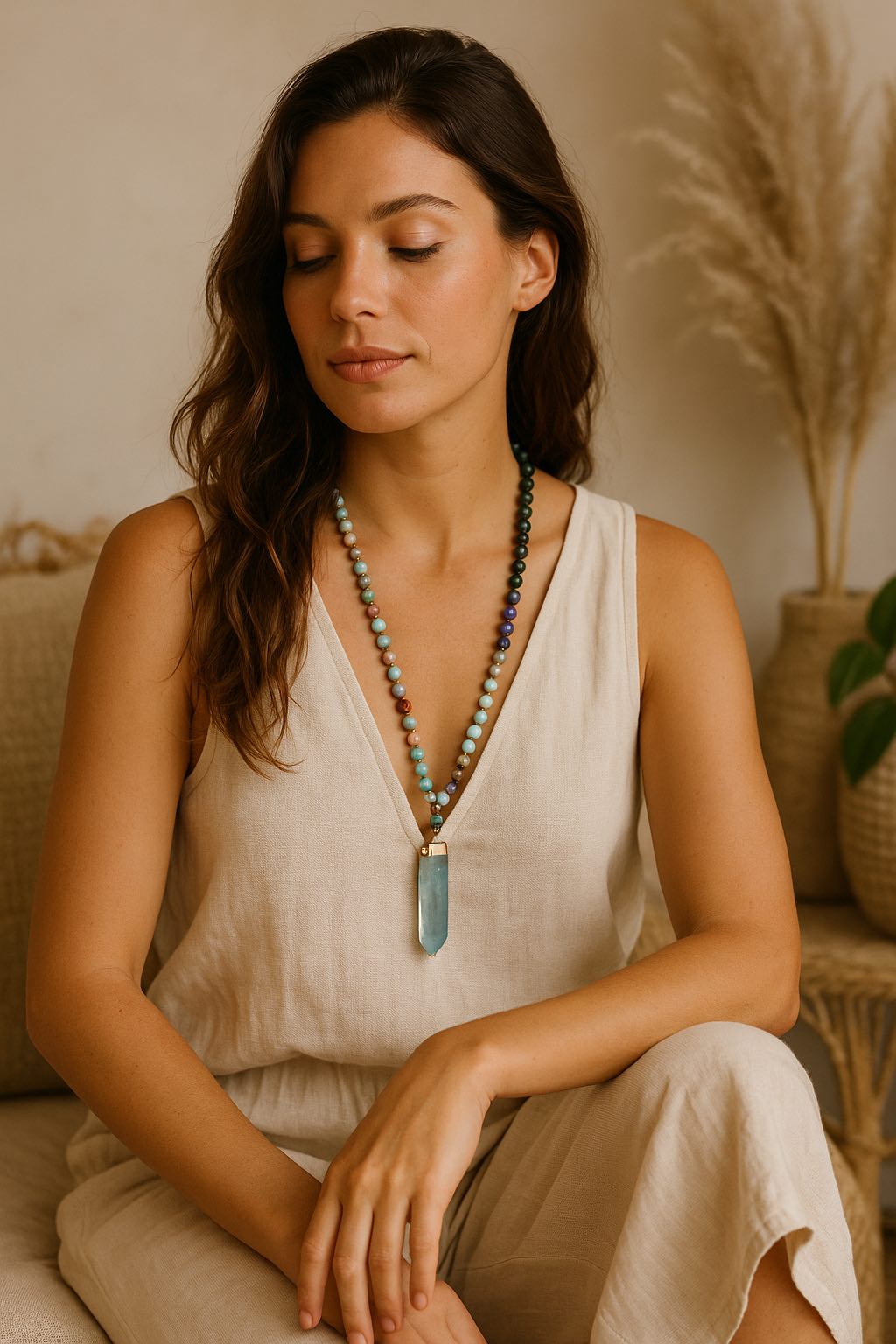 Model wearing handmade gemstone necklace with titanium quartz pendant and lapis lazuli stones, featuring natural semiprecious beads in aqua, blue, and earthy tones.