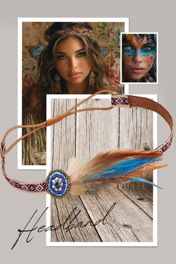 Collage featuring a young woman with bohemian jewelry, floral headpiece, and a vibrant headband with colorful feathers