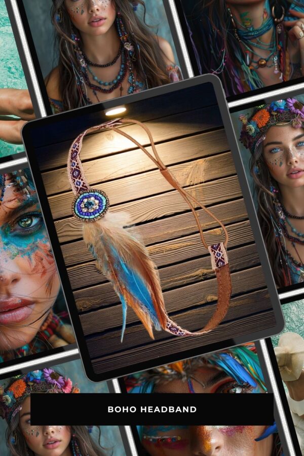 Collage of women with bohemian jewelry and headpieces, centered on a colorful feather headband