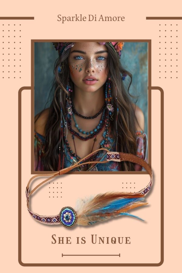 Young woman with blue eyes in vibrant bohemian jewelry and floral headpiece, and a colorful feather headband, showcasing boho chic style