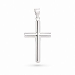 925 sterling silver tubular cross pendant front view with polished rhodium finish