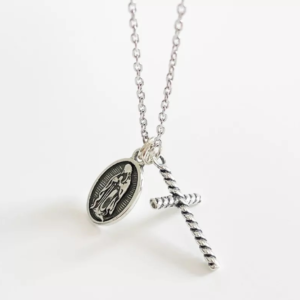 Sterling Silver Virgen Mary & Cross Necklace
