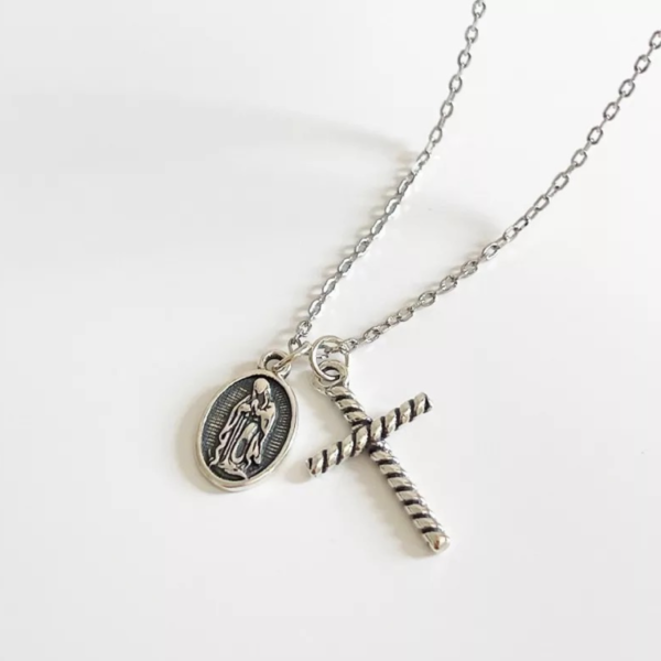 Sterling Silver Virgen Mary & Cross Necklace - Image 4