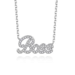 A close-up image of a 'Boss' Necklace, a sterling silver necklace with the word 'BOSS' in bold letters, featuring a radiant white gold finish.