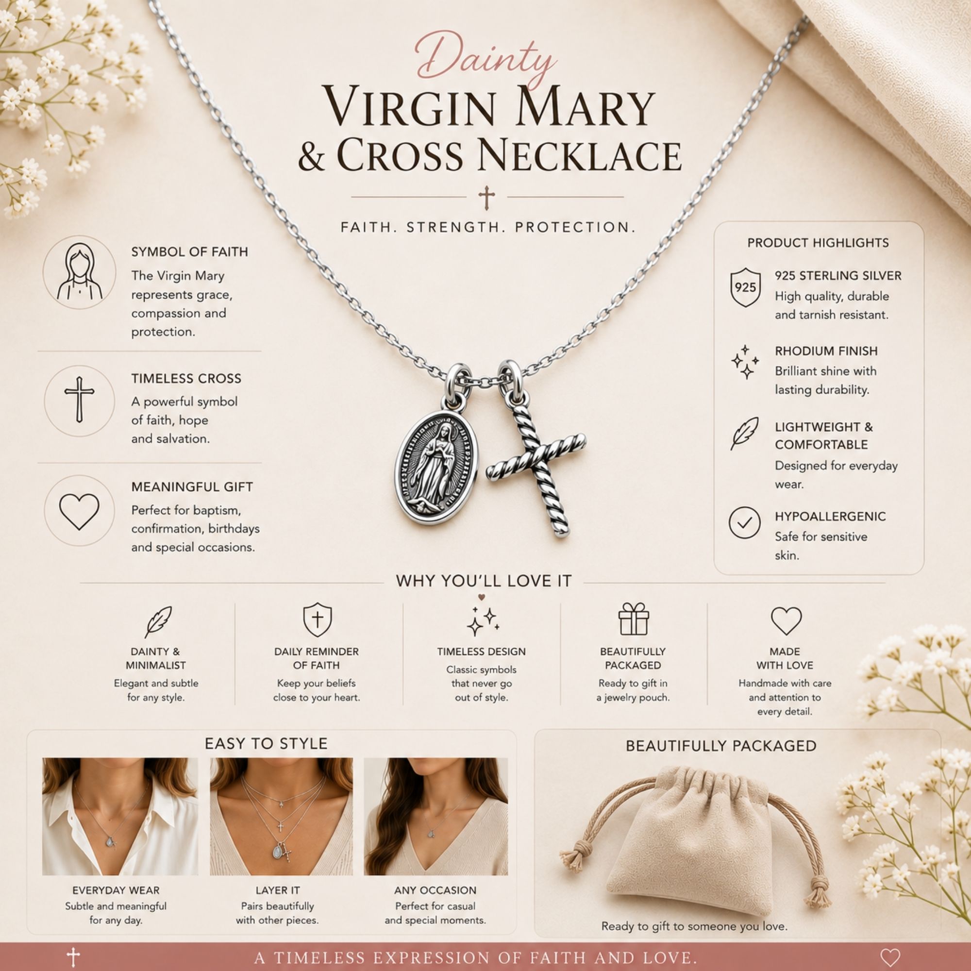 Dainty Virgin Mary and Cross Necklace infographic showing sterling silver features and styling inspiration