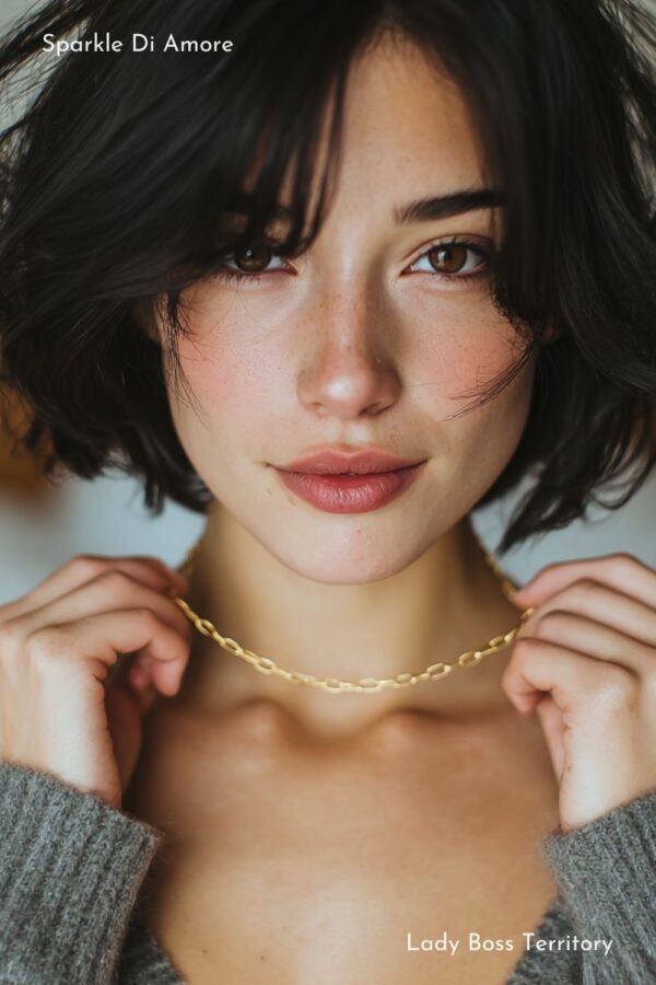 Model wearing a gold paperclip chain necklace with oval links and minimalist design.