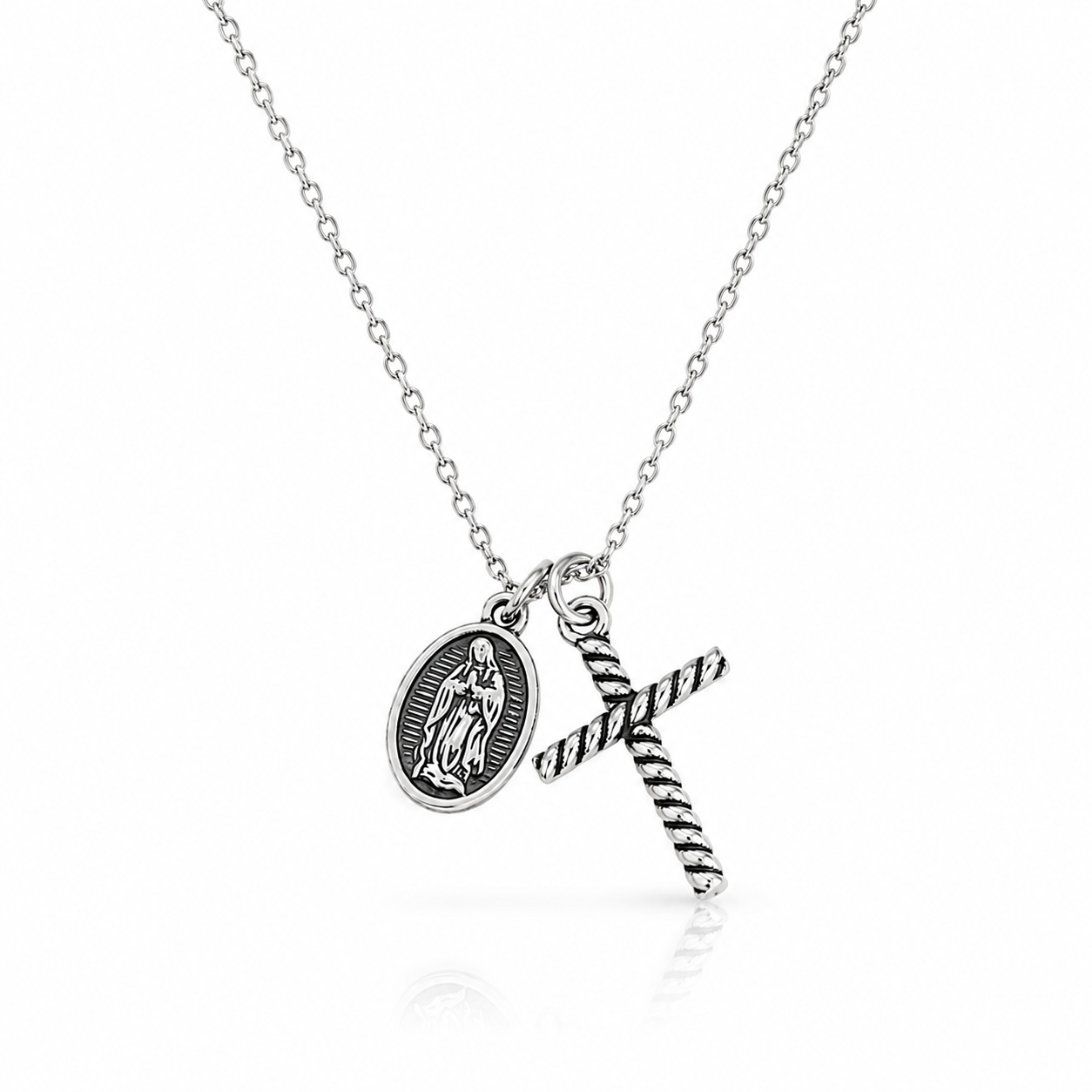 Dainty Virgin Mary and Cross Necklace in Sterling Silver