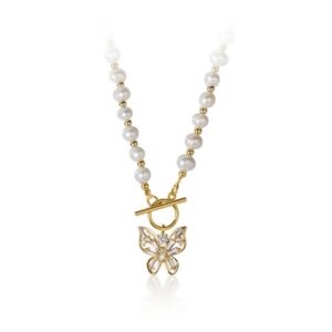 Close-up of Butterfly Bliss Freshwater Pearl Necklace butterfly charm with CZ add-ons