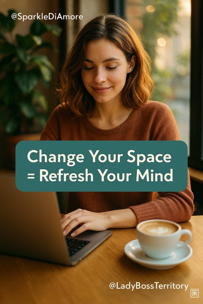 Woman working on a laptop in a cozy café with a cup of coffee, symbolizing how changing your environment refreshes your mind and boosts creativity for female entrepreneurs.