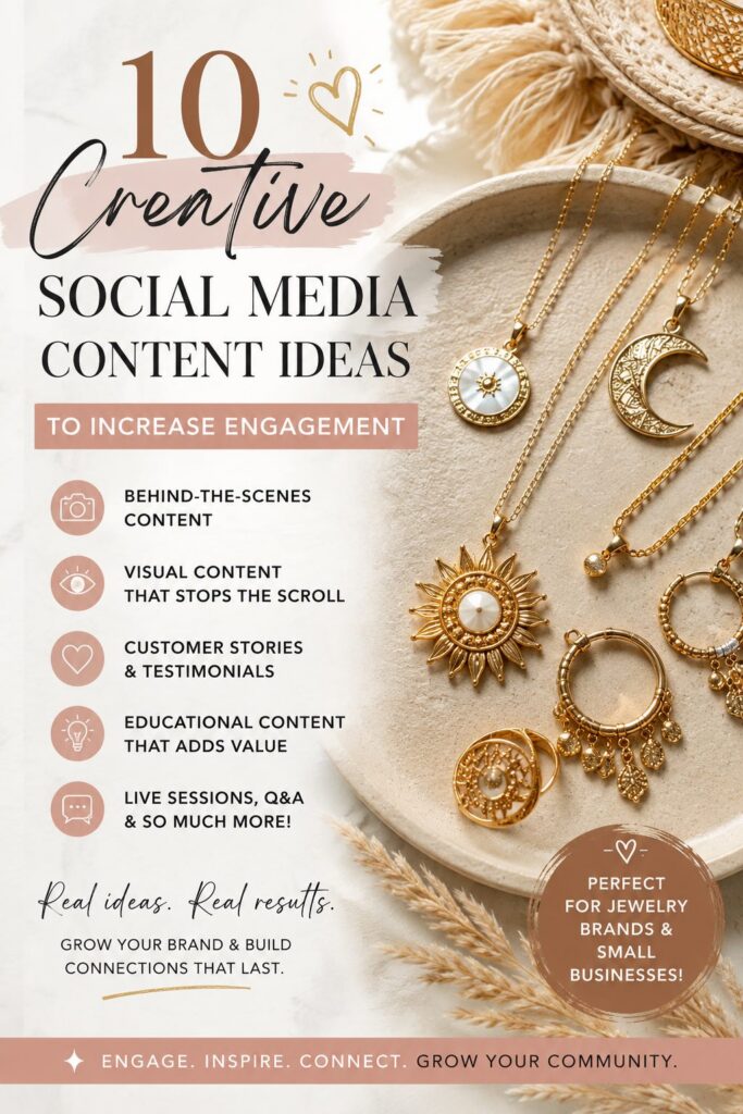 Creative social media content ideas for small businesses featuring a boho jewelry collection and engaging visual marketing examples