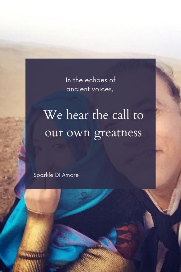 Two people wrapped in traditional scarves in the Egyptian desert, accompanied by a quote about hearing the call to greatness through the echoes of ancient voices.