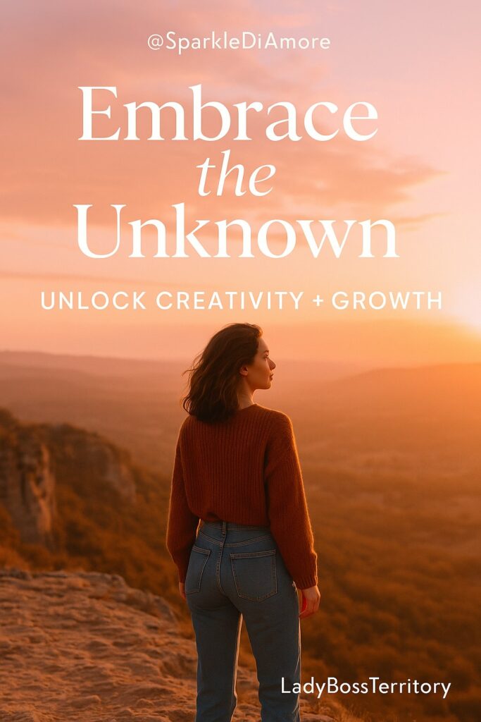 Woman standing on a mountain at sunrise, symbolizing courage to embrace the unknown and spark creativity in life and business.