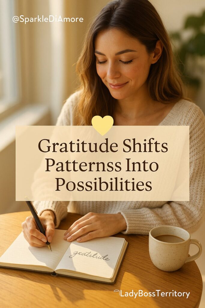 Woman writing in a gratitude journal with a cup of coffee, symbolizing how daily gratitude shifts patterns into new possibilities for growth and creativity.