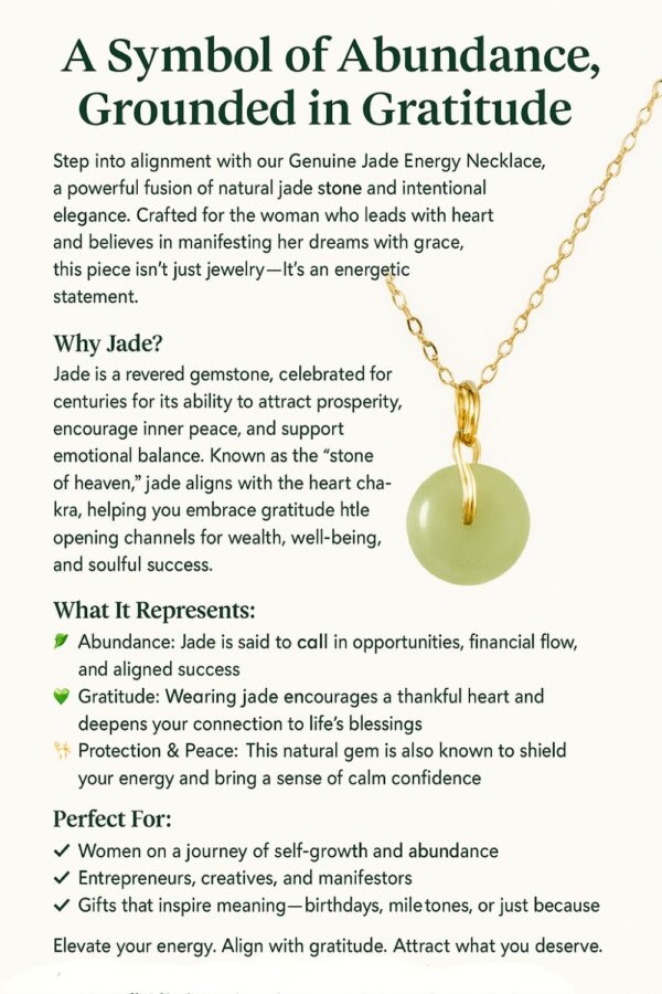 Genuine green jade necklace with 14k gold accent, symbolizing abundance, gratitude, and energetic alignment.
