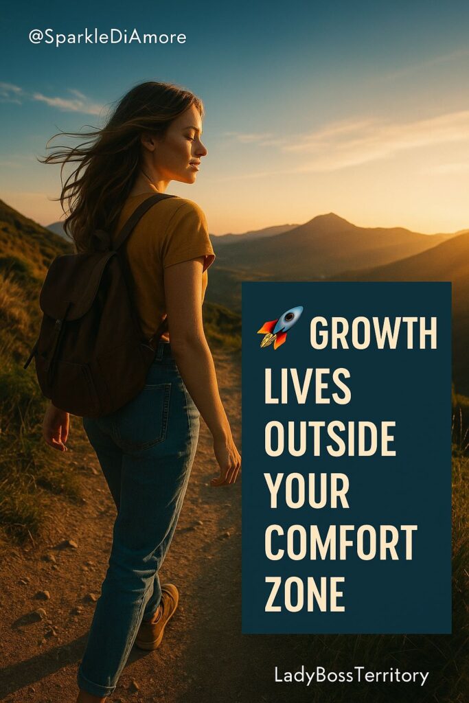 Woman walking on a mountain trail at sunset, symbolizing stepping outside the comfort zone to achieve growth and success as a female entrepreneur.