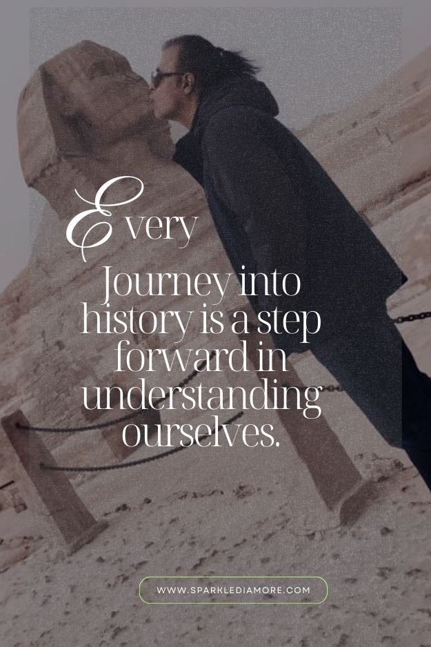 A person standing in front of the Sphinx, kissing its face, symbolizing a journey into history and self-discovery.