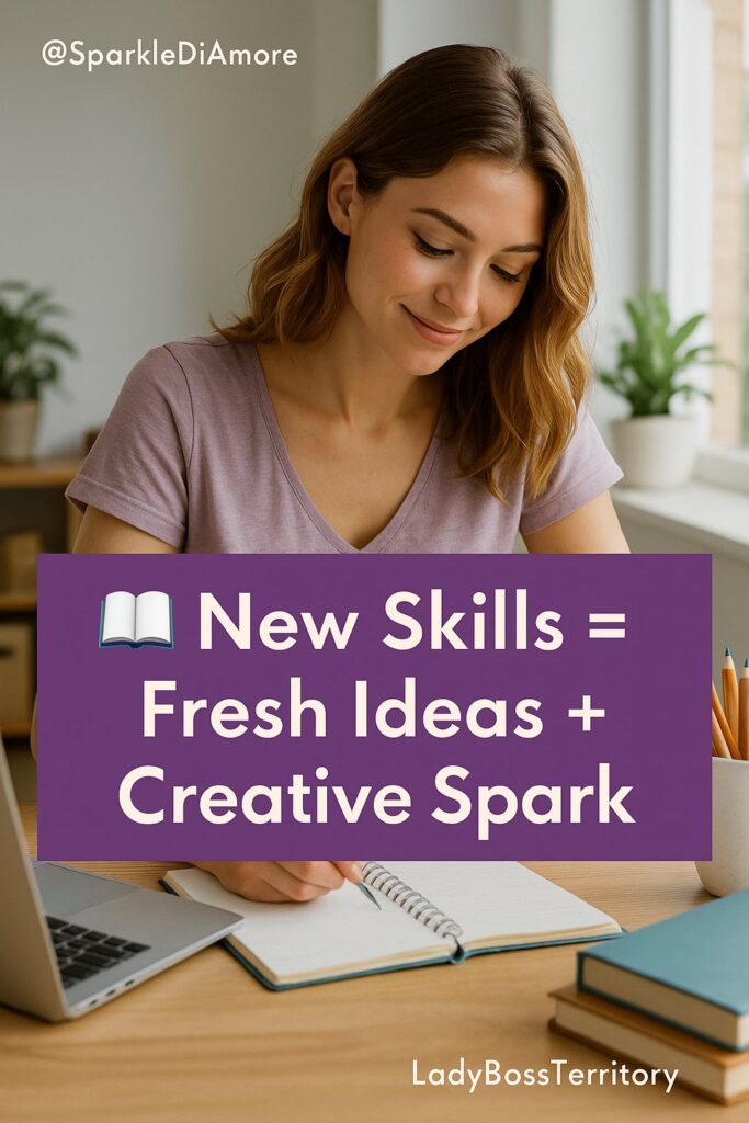 Smiling woman learning new skills and writing in a notebook, representing how learning sparks creativity and fresh ideas for female entrepreneurs.