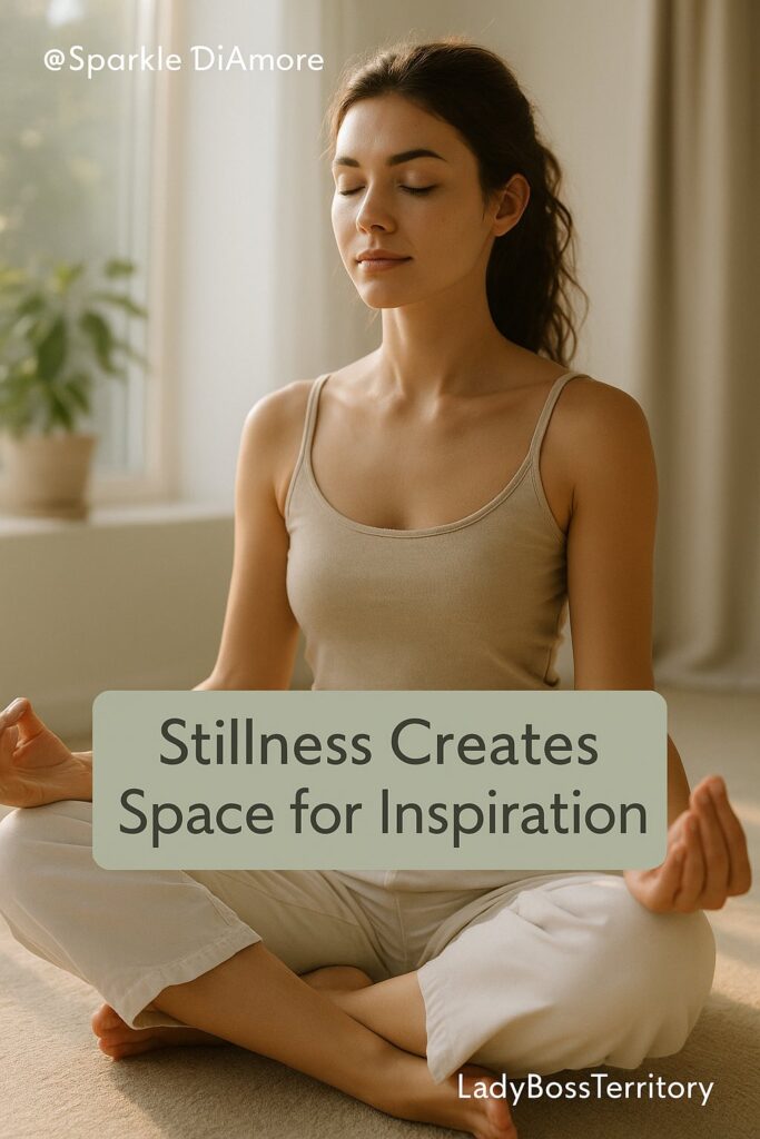 Woman practicing meditation in morning light, symbolizing how stillness and mindfulness create mental space for creativity and inspiration.
