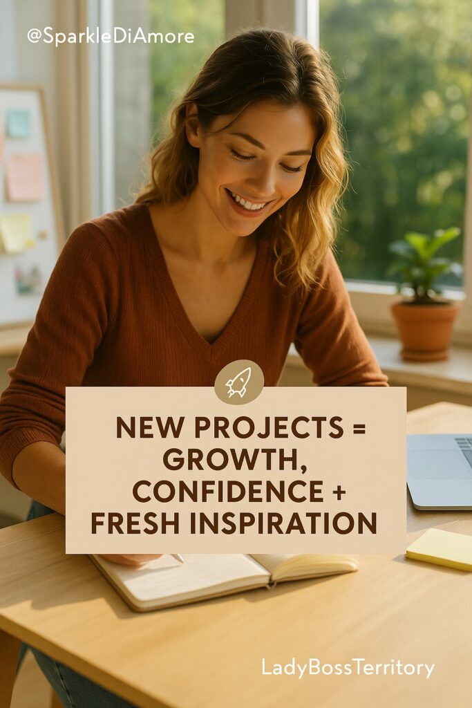 Smiling woman working on a new project at her desk, symbolizing growth, confidence, and creative inspiration for female entrepreneurs.
