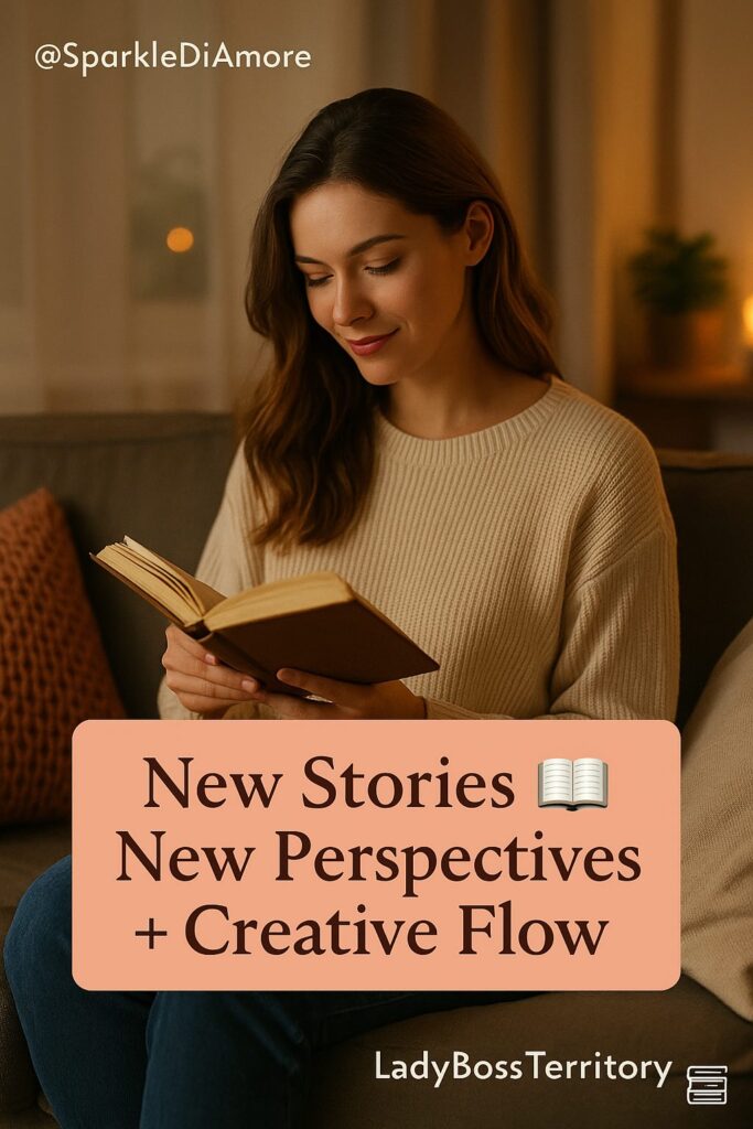 Woman reading a book at home in warm evening light, symbolizing how new stories inspire fresh perspectives and creative flow for female entrepreneurs.