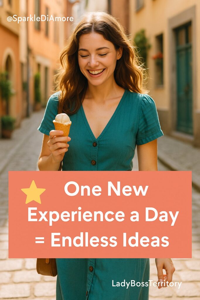 Smiling woman in a teal dress enjoying ice cream outdoors, symbolizing trying one new experience a day to boost creativity and inspiration for female entrepreneurs.