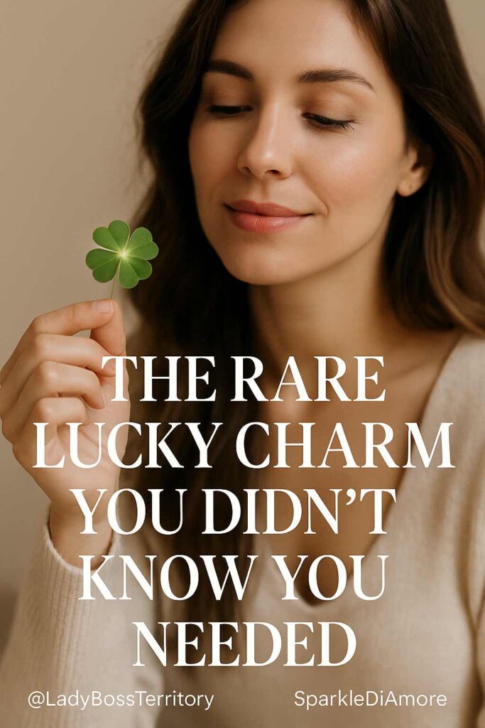 Chic woman holding a glowing four-leaf clover with text overlay “The Rare Lucky Charm You Didn’t Know You Needed.”