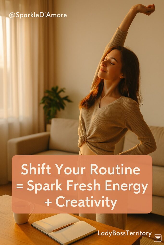 Woman stretching in morning sunlight beside notebook, representing how shifting your routine sparks fresh energy, focus, and creativity for female entrepreneurs.