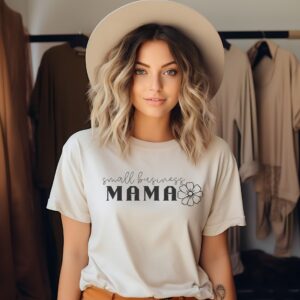 Female Entrepreneur Wearing 'Small Business Mama' Recycled Organic Tee