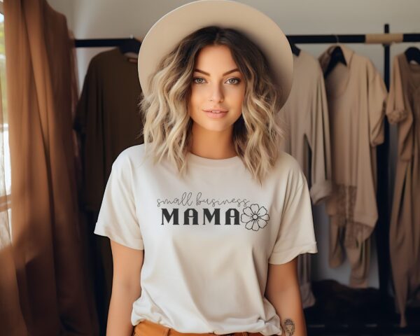 Female Entrepreneur Wearing 'Small Business Mama' Recycled Organic Tee
