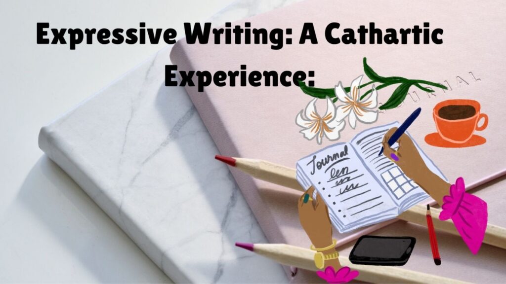Illustration of a woman writing in a pink journal next to a cup of coffee, representing a cathartic expressive writing session.