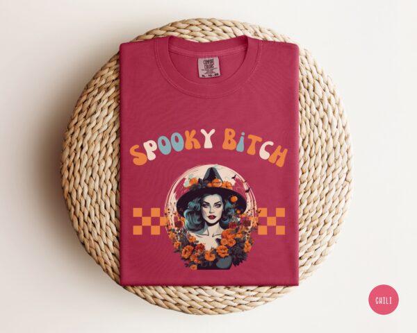 Model showcasing Comfort Colors® Spooky Bitch Halloween Tee.
