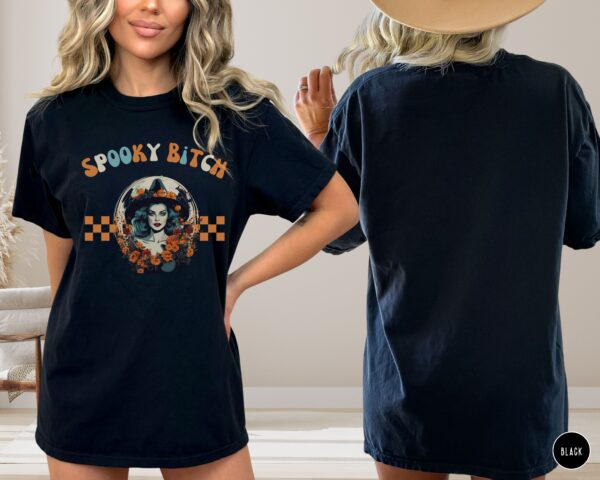 Model showcasing Comfort Colors® Spooky Bitch Halloween Tee in black.