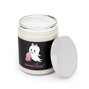 Cute Halloween candle with a ghost sipping from a mug and 'Spooky Girl' message.