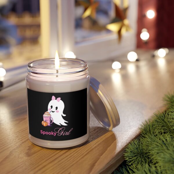 Spooky Girl Halloween candle featuring a cute ghost sipping from a mug.