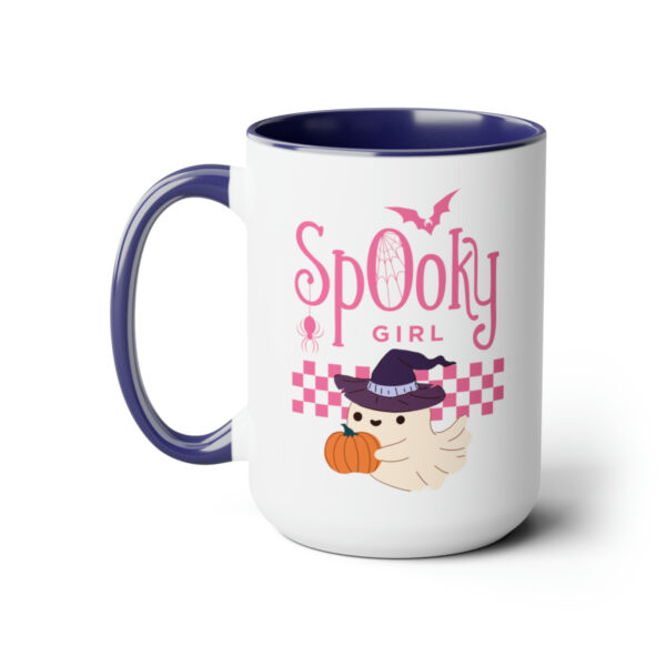 Front view of Halloween Mug with Blue Handle on Left