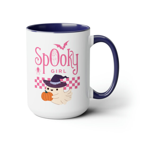 Front view of Halloween Mug with Blue Handle on Right