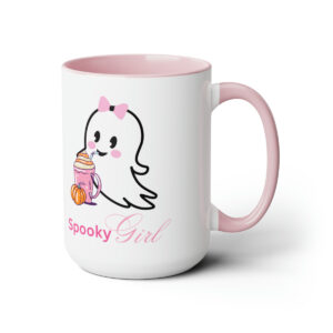 White and pink 'Spooky Girl' Halloween Mug with a cute ghost design and pink accents.