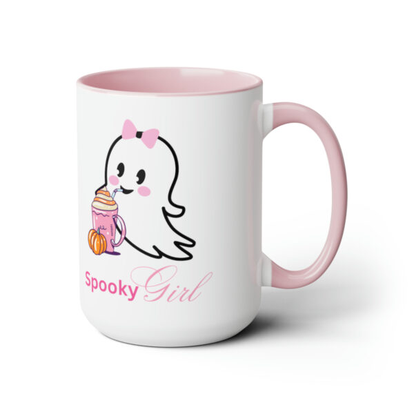 White and pink 'Spooky Girl' Halloween Mug with a cute ghost design and pink accents.