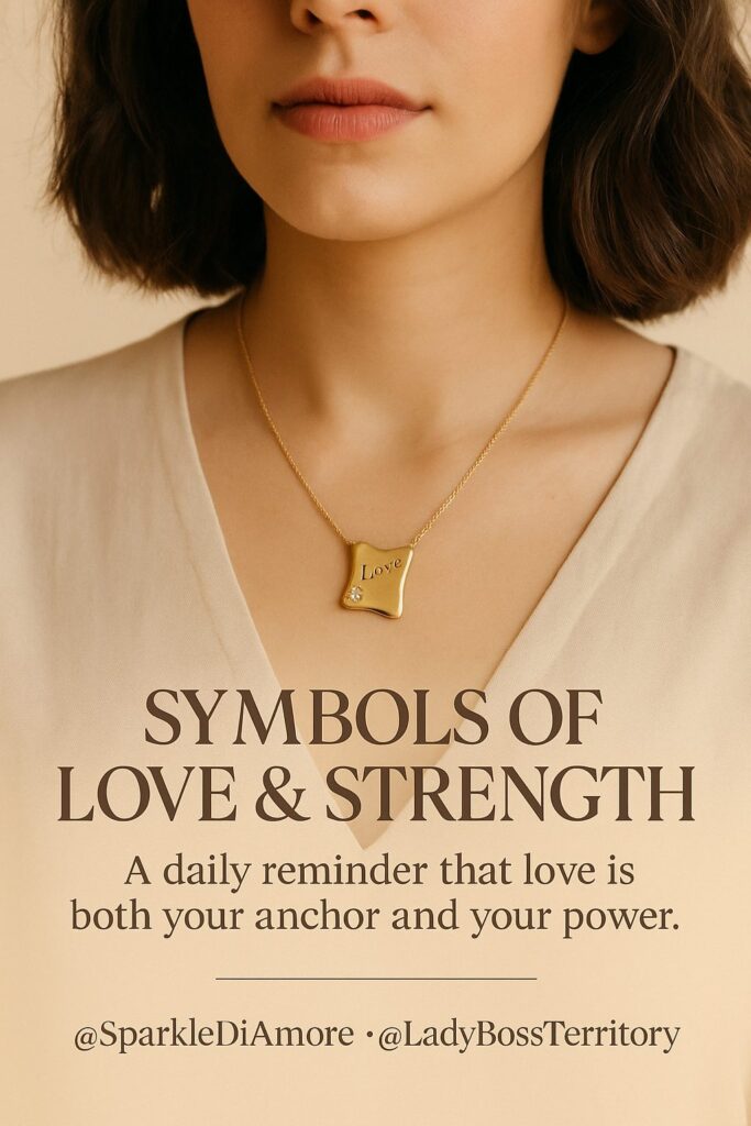 Close-up of a woman wearing a gold love necklace, perfect as a meaningful Christmas gift for women during the holiday season.