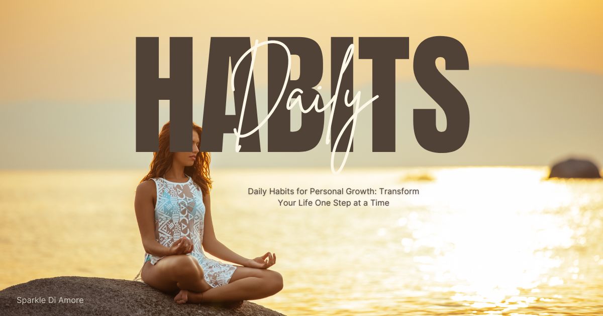 A serene image of a woman meditating by the water at sunset, embodying the tranquility and focus gained through daily habits for personal growth.