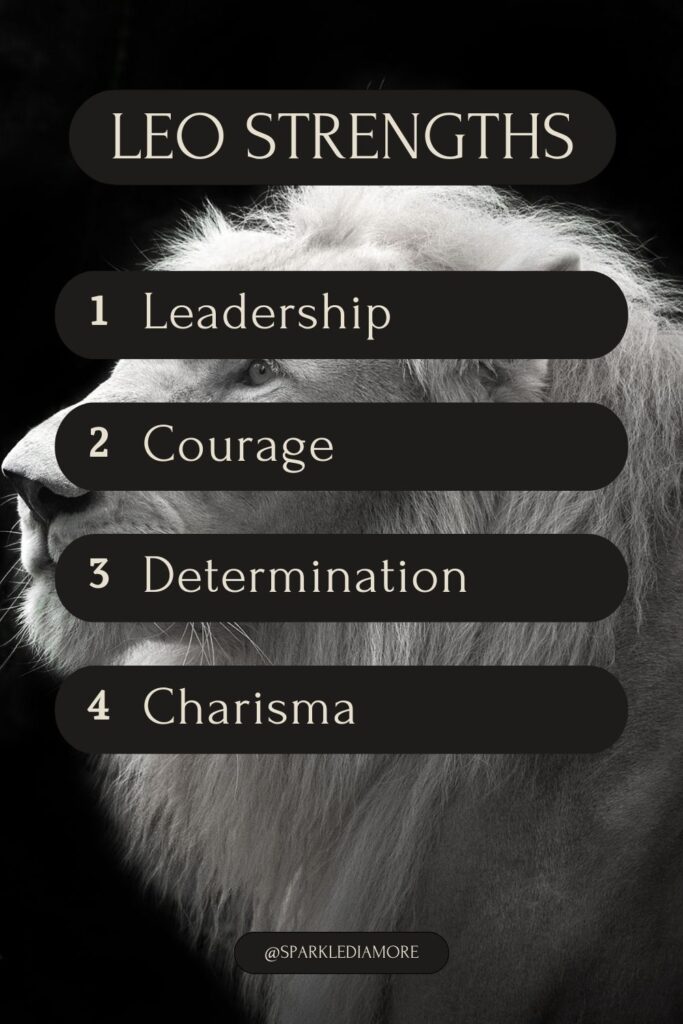 Leo strengths highlighted with a majestic lion in the background, showcasing leadership, courage, determination, and charisma.