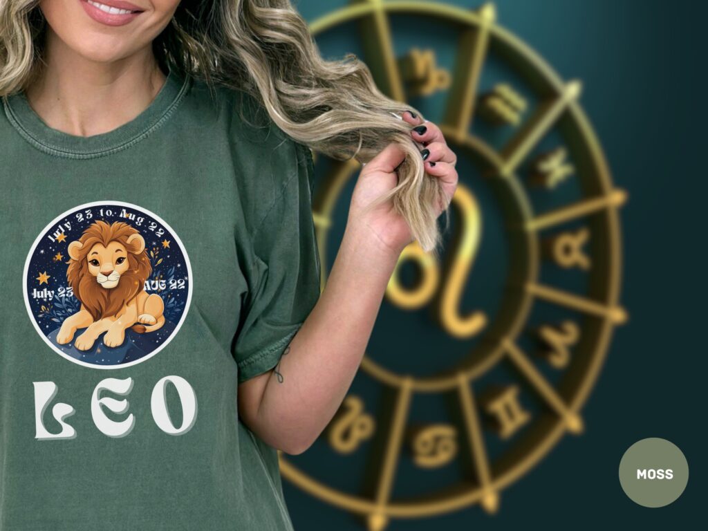 Woman wearing a Leo zodiac t-shirt with a cute lion design in front of a zodiac wheel background.