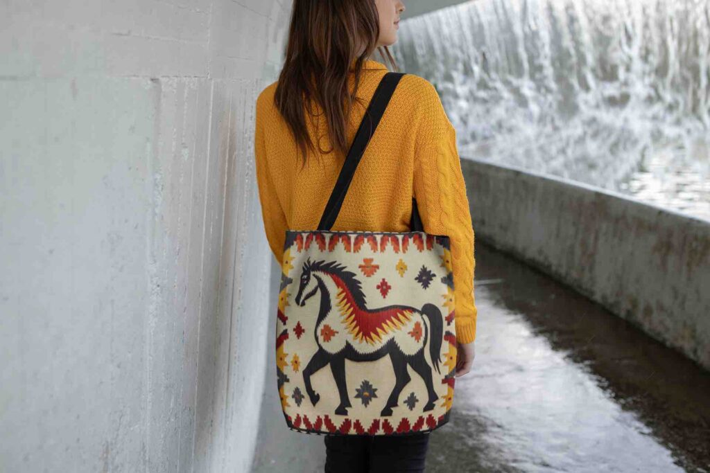 Western-inspired tote bag featuring a tribal horse design, perfect for adding a touch of rustic style to your everyday look.
